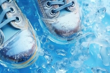 A pair of shoes resting on top of ice. Can be used to depict winter fashion or the concept of being frozen in time