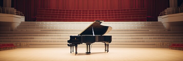 Elegant black grand piano in a large concert hall. Generative AI - obrazy, fototapety, plakaty