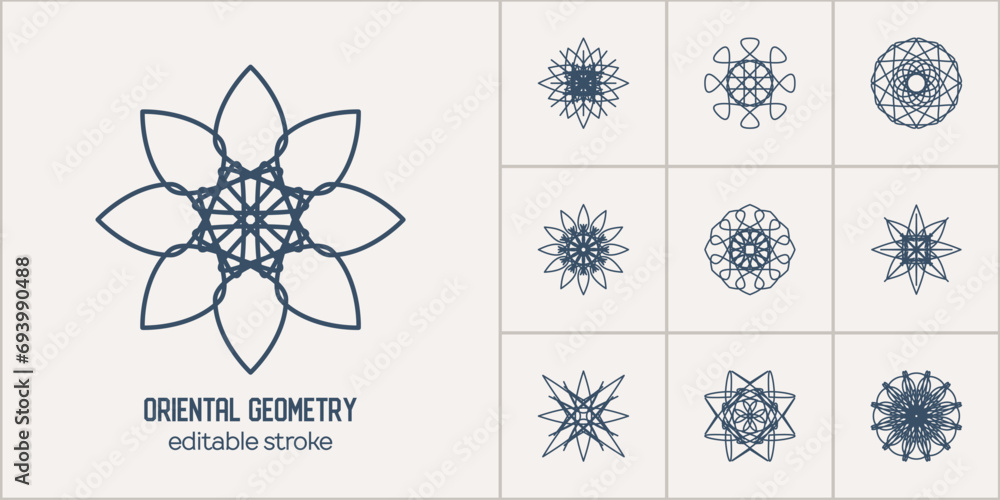 Sticker arabic circular geometric symbols set. vector linear mosaic oriental ornamental emblems