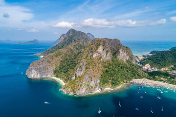 Aerial view of beach, sea and mountain on sunny day. El Nido, Palawan. Tropical landscape hill,...