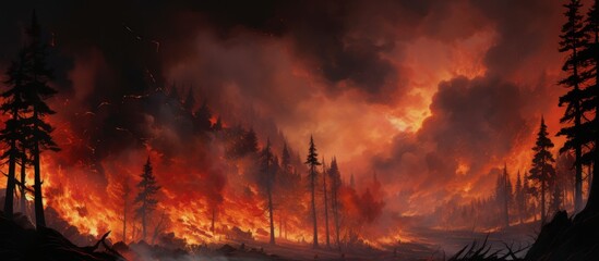 Wildfire Burning Forest under Night Sky