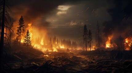 Forest Fire at Night with Intense Flames