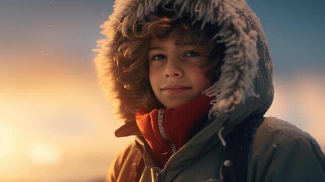 A young boy is pictured wearing a hooded jacket and mittens. This image can be used to depict a child in cold weather or for winter-themed designs