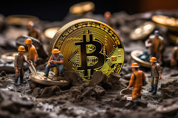 Figures of workers extracting Bitcoin at the mine