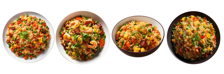 Set of fried rice isolated on transparent background. Asian chinese food vegetable fried rice on the plate with white background. Generative AI