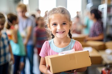 Little happy schoolgirl holding a box at a charity event at school.