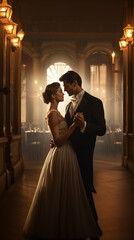 Romantic loving couple in elegant suit and dress slow dancing in dark rich interior. Evening warm lights.