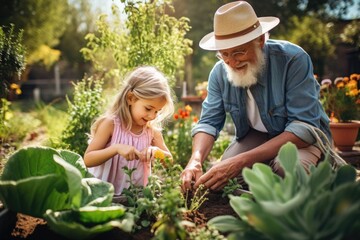 Happy family gardening in summer, growing plants and strawberries together, promoting togetherness and joyful moments. - Powered by Adobe
