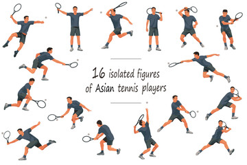 16 figures of Asian tennis players in black T-shirts serving, receiving, hitting the ball, standing, jumping and running - obrazy, fototapety, plakaty