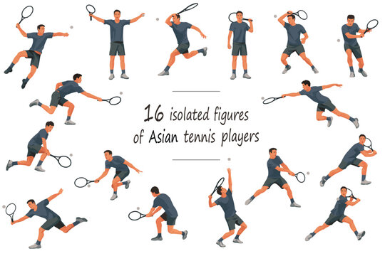 16 figures of Asian tennis players in black T-shirts serving, receiving, hitting the ball, standing, jumping and running