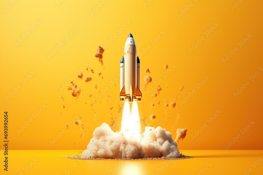 Poster a rocket is seen taking off from a yellow surface. this image can be used to depict space exploratio