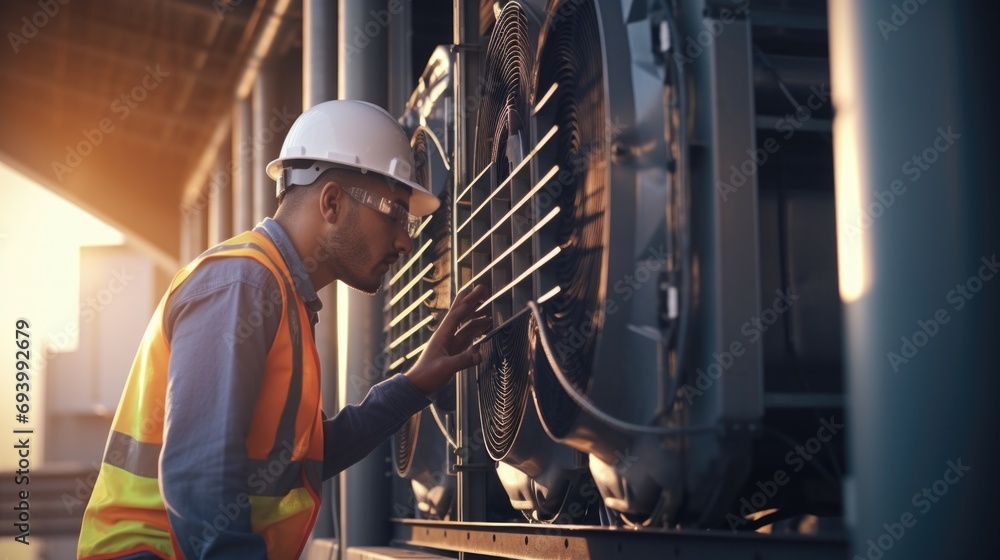 Poster a man wearing a hard hat and safety vest is seen working on a machine. this image can be used to dep