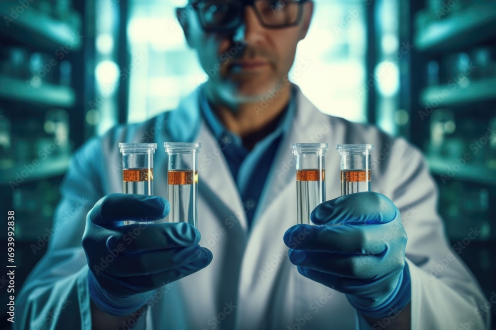 Poster a man in a lab coat holding two test tubes. perfect for scientific research and laboratory concepts