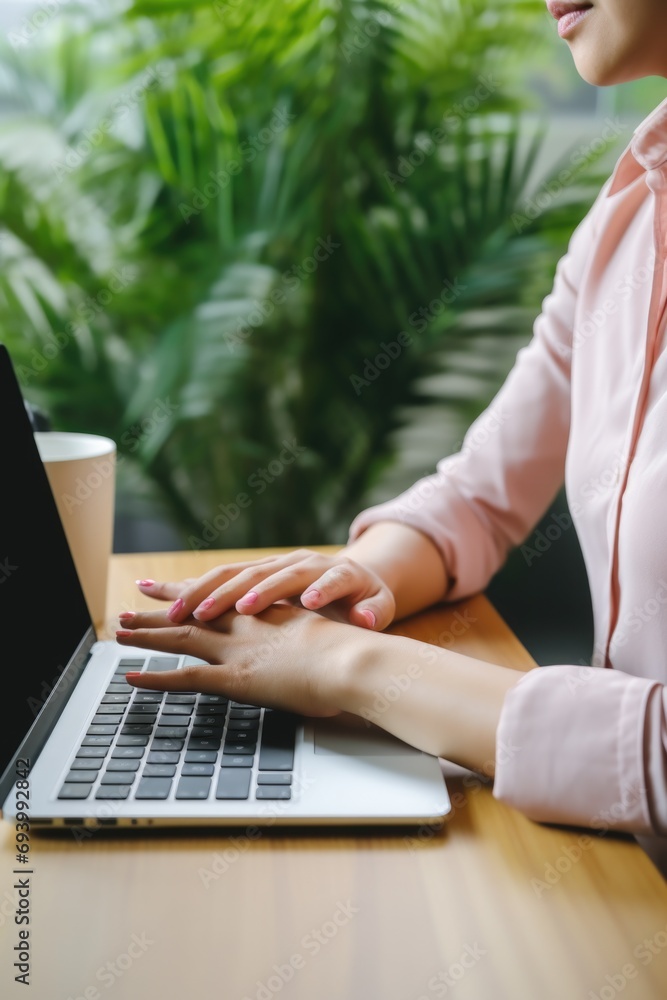 Poster a woman is seen typing on a laptop computer. this versatile image can be used for various purposes