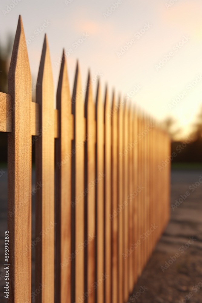 Aufkleber a close-up view of a wooden fence with a beautiful sunset in the background. this image captures the