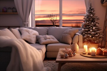 A warm and inviting living room filled with furniture and a beautifully decorated Christmas tree. Perfect for holiday-themed projects and festive designs