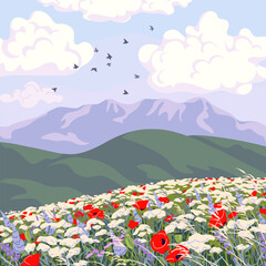 Landscape with  Mountains and   Wildflowers Field