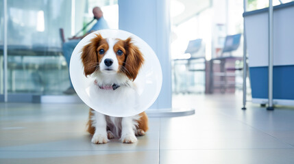 Dog wearing a medical collar in a veterinary clinic
