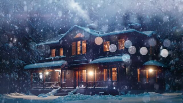 Big and beautiful house decorated for Christmas surrounded by trees and snow with falling snow