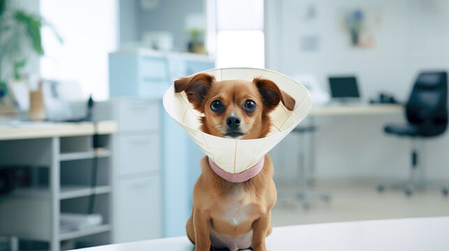 Dog wearing a medical collar in a veterinary clinic