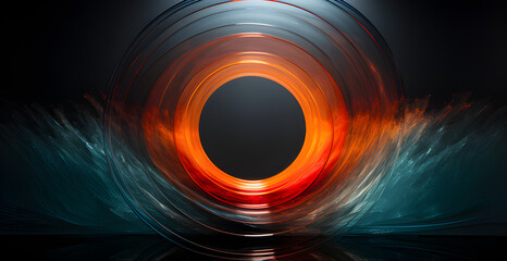 a blue circle with a blue and orange ring, in the style of bill henson, julio le parc, hyper-realistic atmospheres, image noise, dark aquamarine and crimson - obrazy, fototapety, plakaty