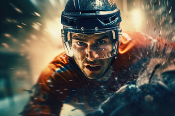 A professional hockey player wearing an orange jersey and a black helmet. This image can be used to illustrate ice hockey, sports, or team spirit - obrazy, fototapety, plakaty
