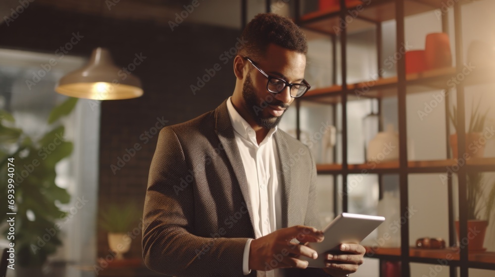 Aufkleber A man in a suit using a tablet. Suitable for business and technology-related concepts