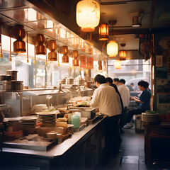Japanese Izakaya: Traditional Bar with Customer at Counter - obrazy, fototapety, plakaty