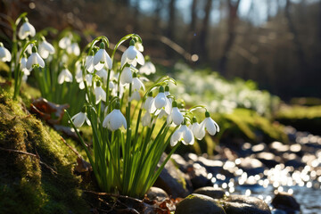 Beautiful flowers snowdrops in spring forest