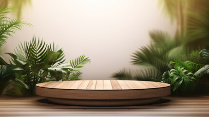 Wooden Podium With Tropical Plants Leaf. Generative Ai