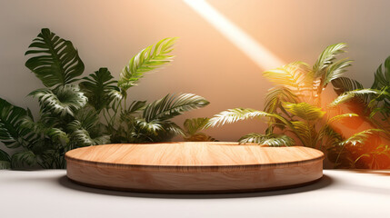 Obraz premium Wooden Podium With Tropical Plants Leaf. Generative Ai