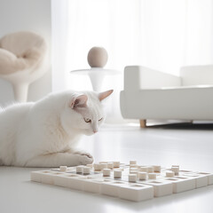 white cat sitting on the floor with his toy, brain game for cats, cat playing a smart game