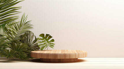 Obraz premium Wooden Podium With Tropical Plants Leaf. Generative Ai