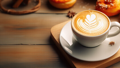 Hot Coffee Latte with Latte Art Milk Foam in Cup Mug - obrazy, fototapety, plakaty
