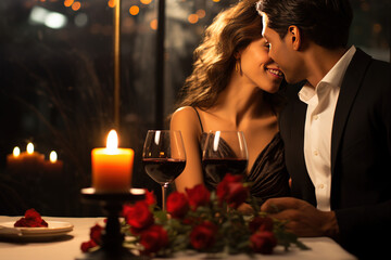 couple in love with wine, candles, hearts and lights, enjoying time together smiling during...