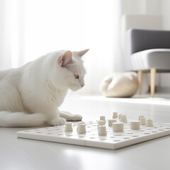 Fototapeta na wymiar white cat sitting on the floor with his toy, brain game for cats, cat playing a smart game