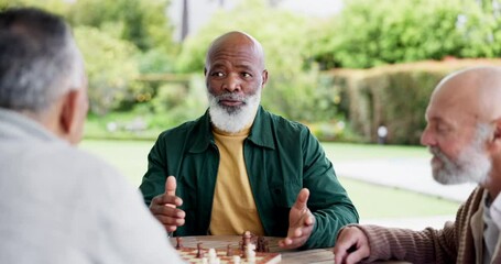 Man, chess and game with talk for strategy by planning to win in park, garden or outside. Elderly people, friends and together for fun, challenge or tournament for play in retirement with competition
