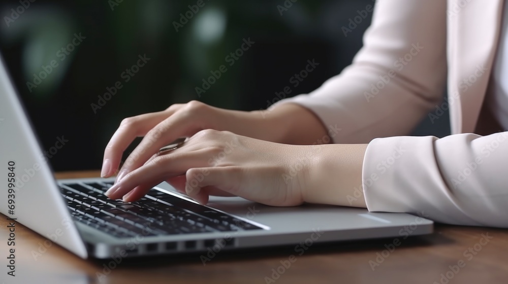 Poster a woman is seen typing on a laptop computer. this image can be used to depict various scenarios invo