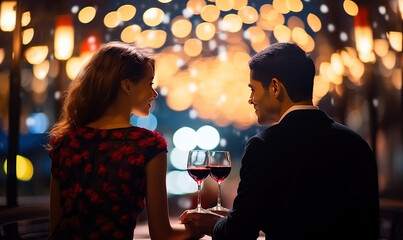 couple in love with wine, candles, hearts and lights, enjoying time together smiling during valentine