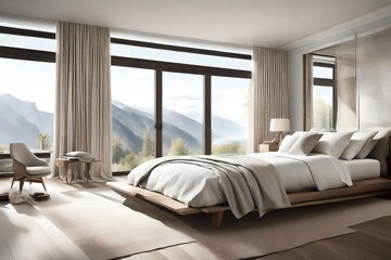 A serene bedroom with a neutral color palette, soft textiles, and large windows overlooking a picturesque view, providing a tranquil and restful space