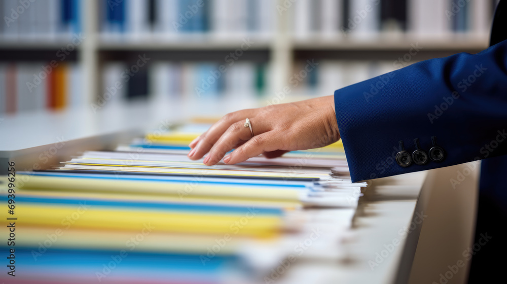 Poster close-up of a person in a business suit searching through open file drawers full of documents.