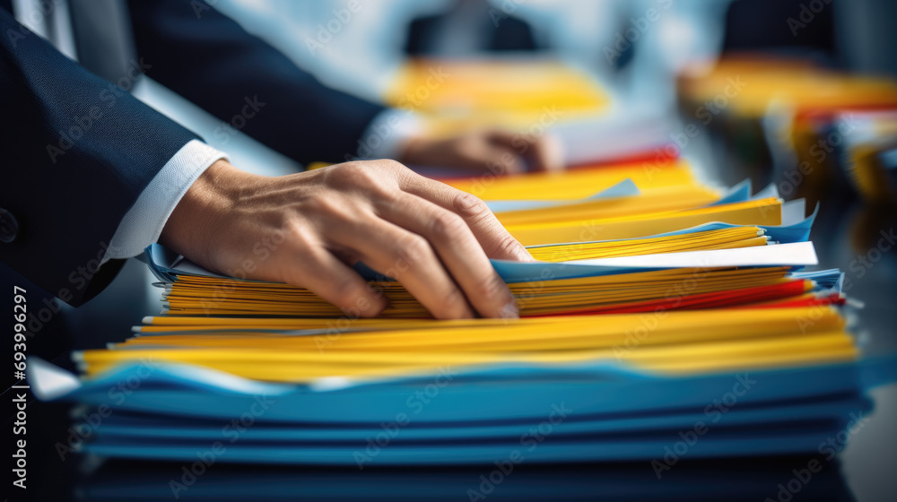 Poster close-up of a person in a business suit searching through open file drawers full of documents.