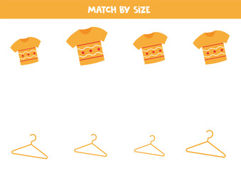 Matching game for preschool kids. Match cartoon yellow t shirts and hangers by size.