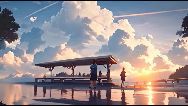Fantasy lovely anime Clouds when sunset. Bus stop near sea with footpath beanch on cover. Anime lofi nature live wallpaper. Seamless loopable 4k animation footage