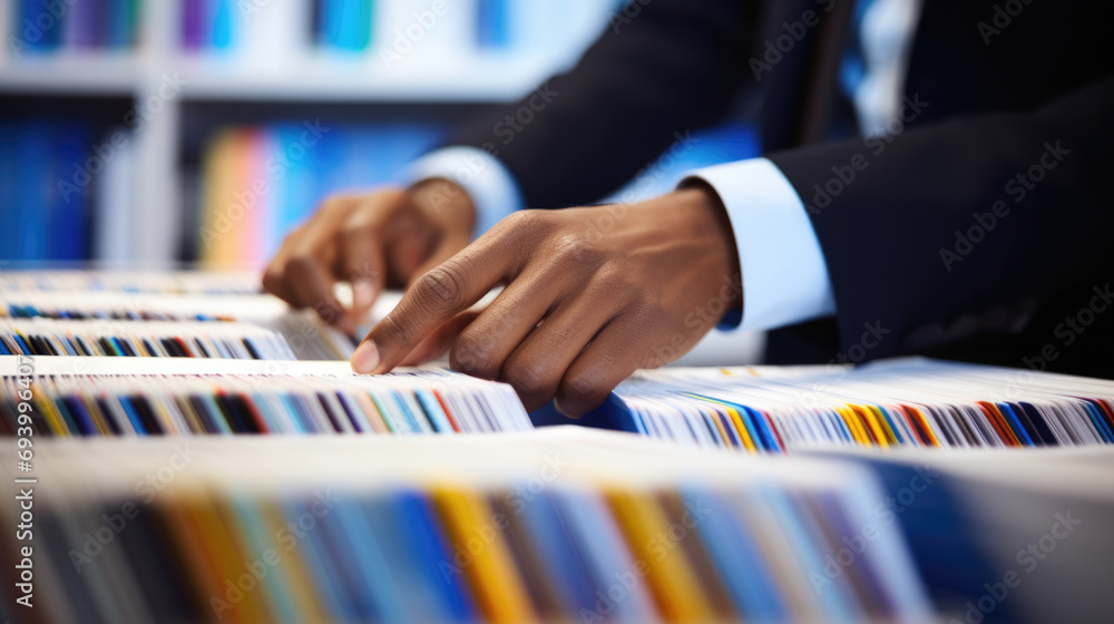 Poster close-up of a person in a business suit searching through open file drawers full of documents.
