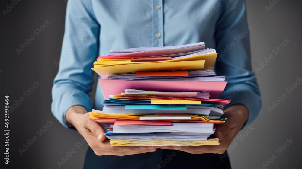 Poster close-up of a man holding a large stack of documents