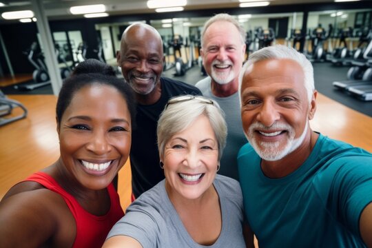 Multi ethnic seniors in a gym group selfie showcasing their enjoyment of exercise