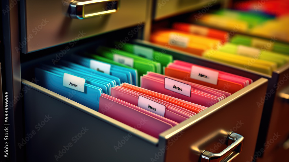 Poster close-up of a person in a business suit searching through open file drawers full of documents.