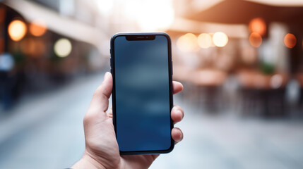 Hand holding a smartphone with a blank screen, with the warm, blurred lights of an urban cafe setting in the background.