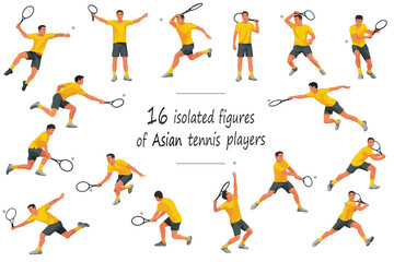 16 figures of Japanese, Korean or Chinese tennis players in white T-shirts serving, receiving, hitting the ball, standing, jumping and running - obrazy, fototapety, plakaty